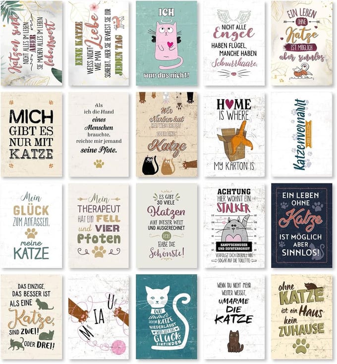 Set van 20 Postkaarten met Katten & Spreuken - Diverse Motieven - DIN A6 Ansichtkaarten