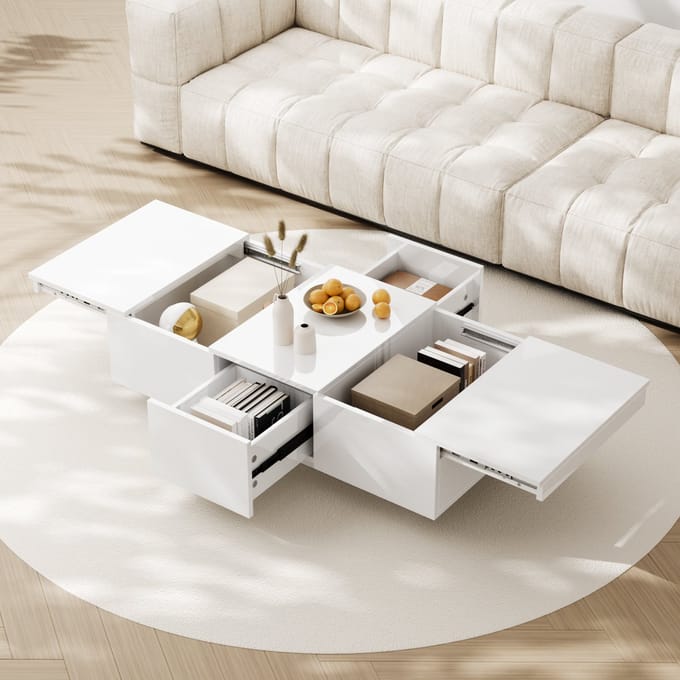 REDOM Salontafel Hoogglans Wit met Push-Pull Opbergruimte, Twee Schuifladen en 100×50×31 cm