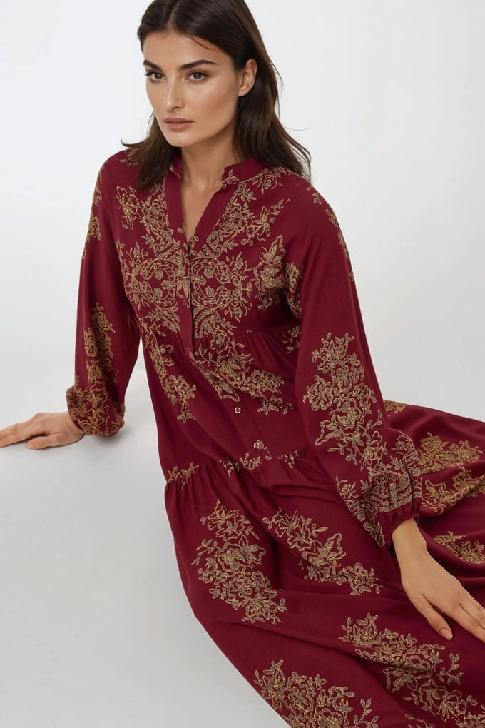 Geprinte Lange Mouwen Viscose Maxi Jurk
