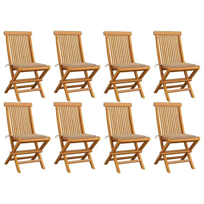 vidaXL - Opklapbare - stoelen - met - beige - kussens, - 8 - stuks, - massief - teakhout