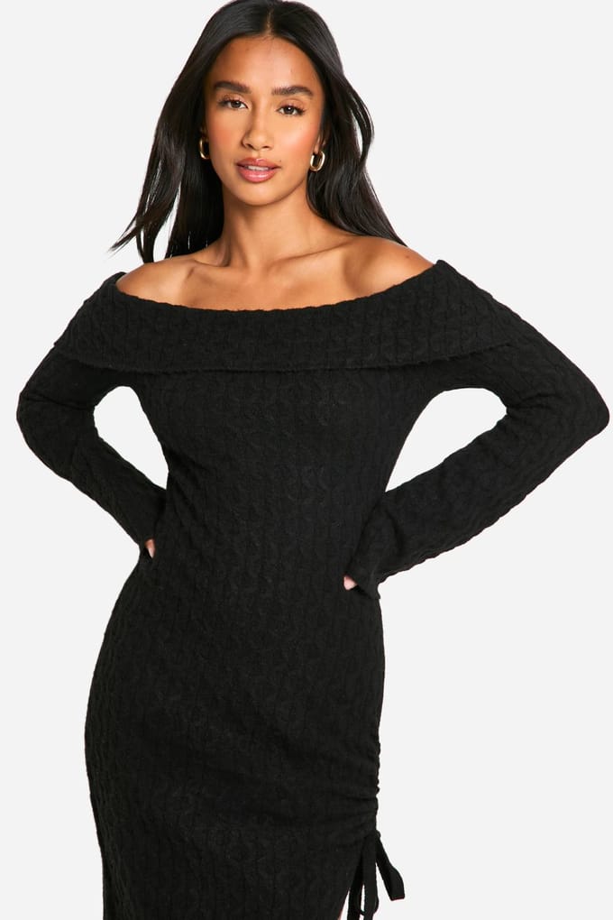 boohoo Dames Petite Soft Cable Asymmetrische Saum Bardot Maxi Jurk | Black | Maat: Large