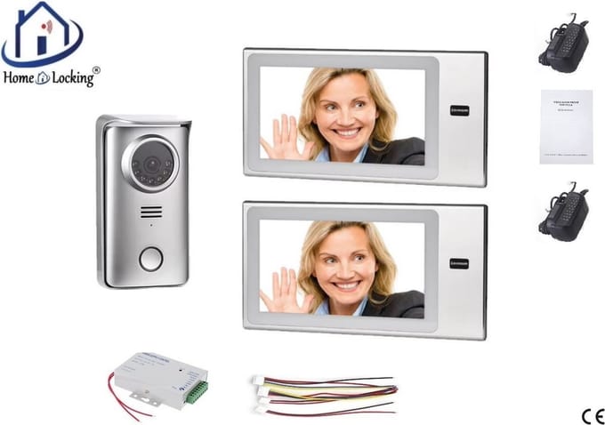 Home-Locking complete deur intercom/videofoon met 2 binnen panelen met aanraak scherm en elektro box 12VDC voor aansluiting elektrisch slot. DT-2237-1E-2