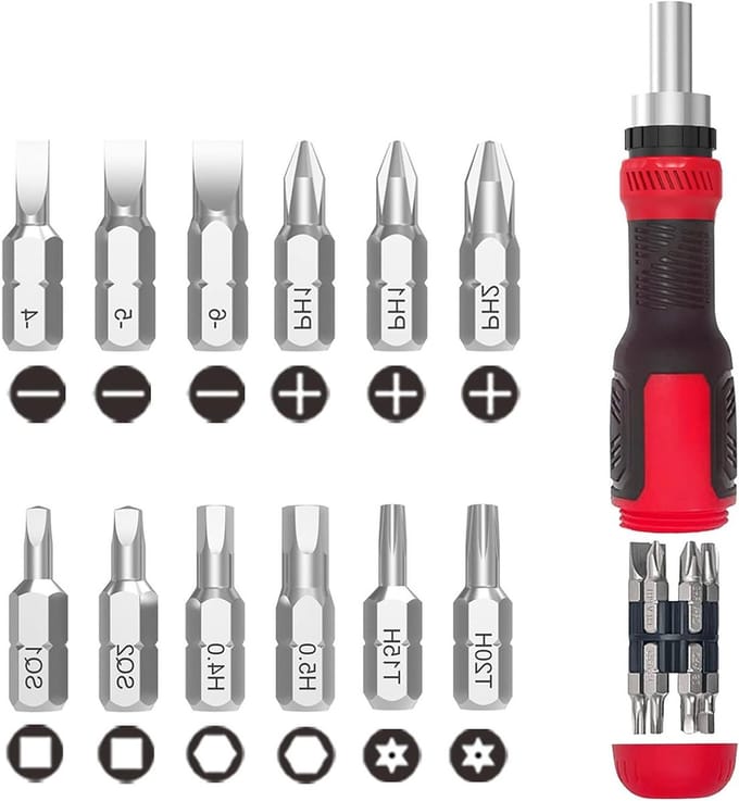 Ratelschroevendraaier - Multitool Schroevendraaier - Huisreparaties - 13-in-1 Ingebouwde Bits - 15 cm - Rood