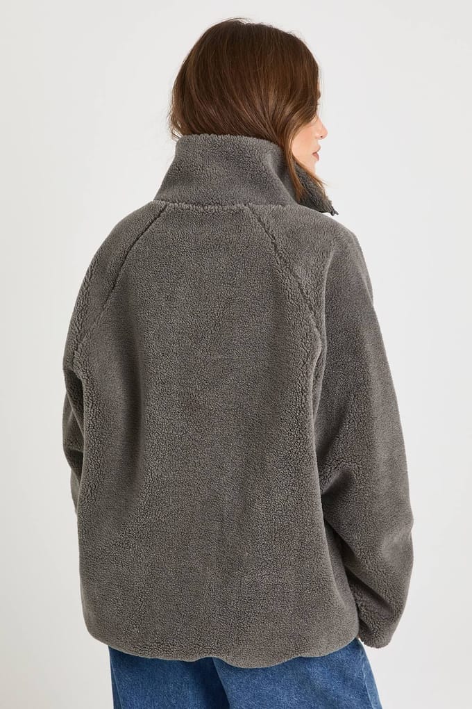 boohoo Dames Oversized Teddy Jas met Rits | Grijs | Maat: 38