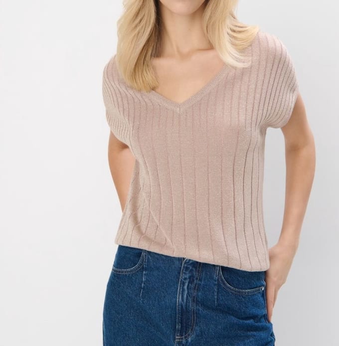 Starry Indigo - Sweater / Trui V-hals - Metallic draad - Korte mouw
