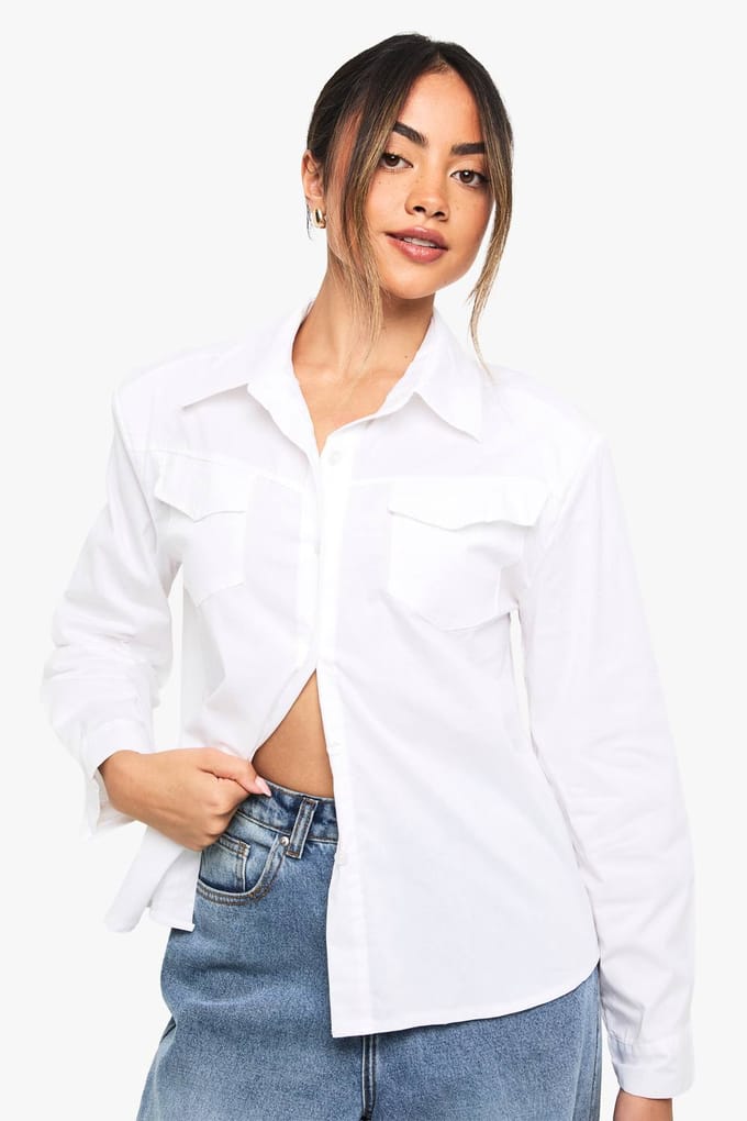 boohoo Dames Westernstijl Schoudervulling Overhemd | Wit | Maat: 34