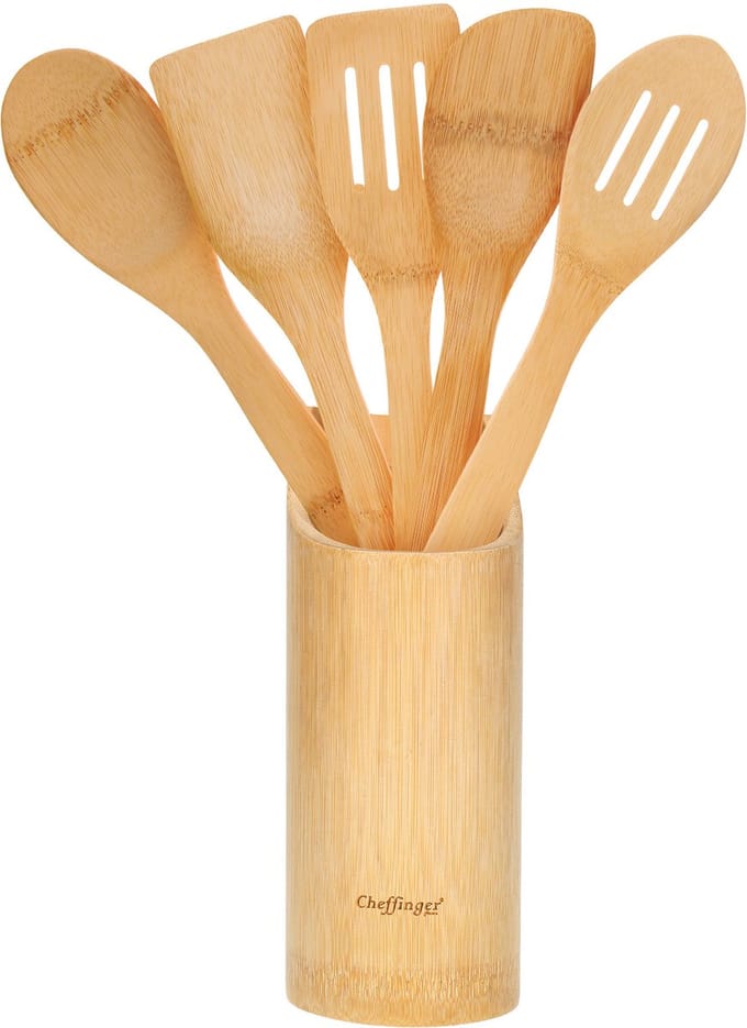 Cheffinger, Bamboe Spatelset Keuken met Bestekhouder, Bruin / Beige
