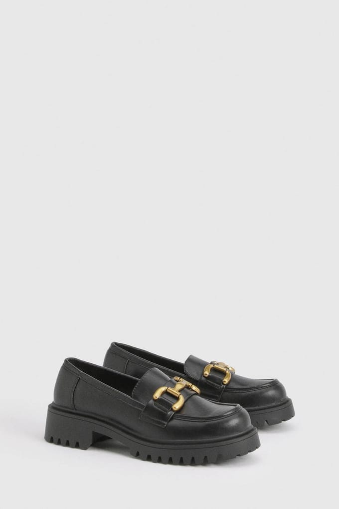 boohoo Dames Loafer Met Brede Pasvorm En Grove Ketting | Black | Maat: 4