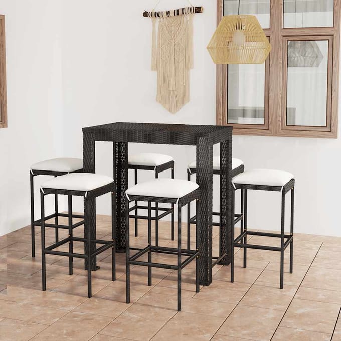 vidaXL - 7-delige - Tuinbarset - met - kussens - poly - rattan - zwart