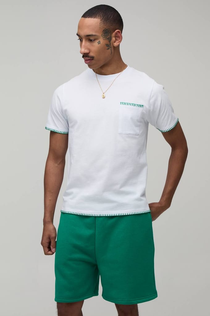 Contrasterende Deksteek Slim Fit T-shirt & Regular Fit Short Set | Green | Size Medium