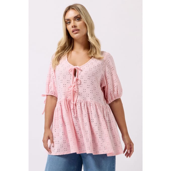 Yours Roze Broderie Anglaise Strik Voorkant Peplum Top Size 48