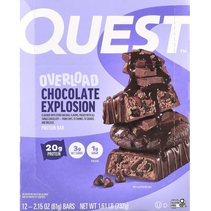 Overload Eiwitreep, Chocolade Explosie, 12 Repen, 61G (2,15 oz) Elk