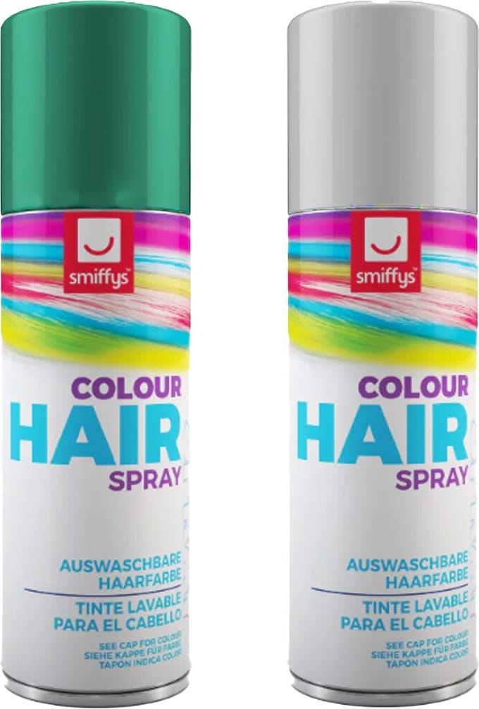 Smiffys Carnaval verkleed hoofdhaar verf/spuitspray - wit en groen - spuitbussen - 125 ml p/st