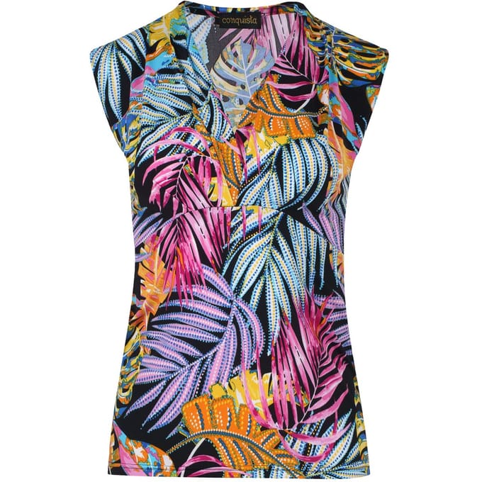 Fuchsia mouwloze imitatie wikkeltop met print van stretchstof