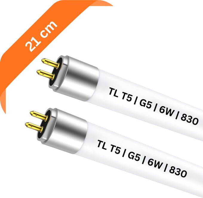 2x T5 TL buis 21 cm – 830 Warm Wit 3000K – 6W – G5 fitting – Ø 1.6 cm