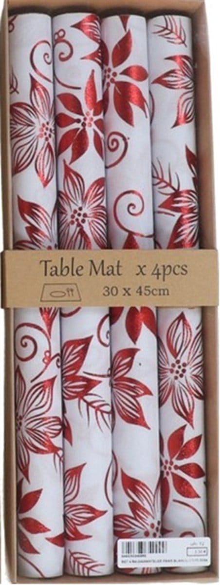 Set van 4 kerst placemats wit met rood bloemendessin – 30 x 45 cm