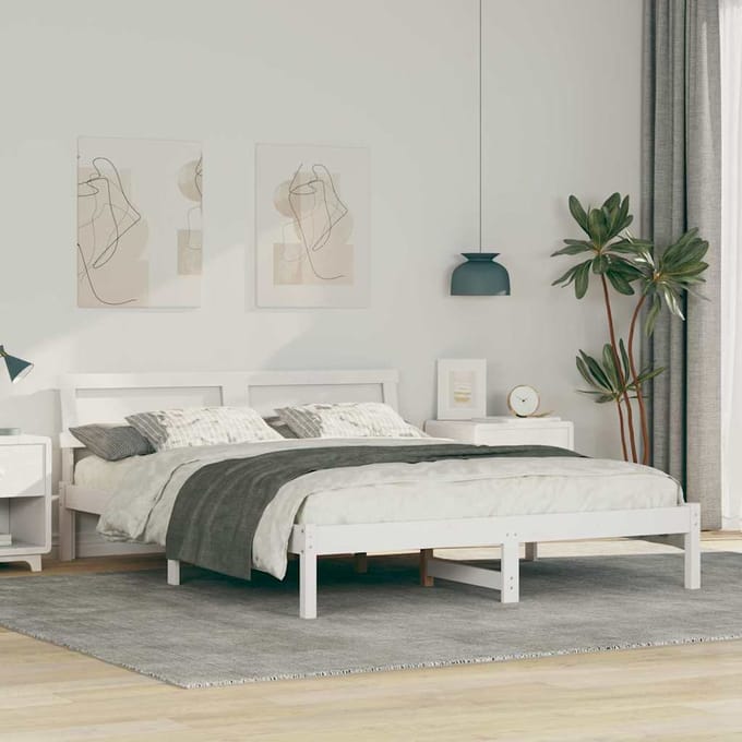 vidaXL - Bedframe - met - hoofdeinde - Wit - 150 - x - 200 - cm - Massief - grenenhout