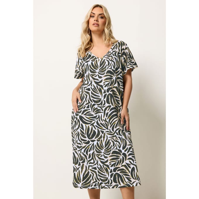 Yours Jurk Met Natuurlijke Bruine En Groene Bladprint Size 48