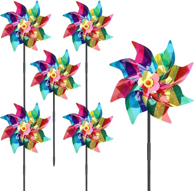 Set van 6 Reflecterende Windmolens als Vogelafschrikker voor Balkon, Tuin en Fruitbomen - Diameter 24 cm, Multicolor