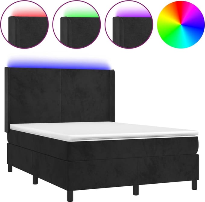vidaXL - Boxspring - met - matras - en - LED - fluweel - zwart - 140x190 - cm