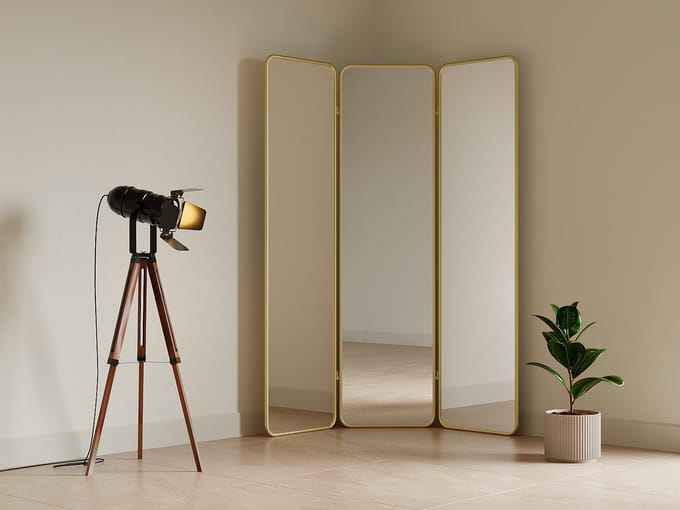 Vente-unique Spiegel kamerscherm 3 panelen in metaal - B. 146 x H. 180 cm - Goud - MIROLY