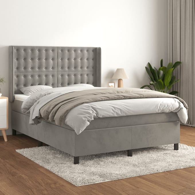vidaXL - Boxspring - met - matras - fluweel - lichtgrijs - 140x190 - cm