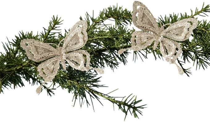 Kerstboomversiering Vlinder - 4x - 14 cm - champagne glitter - op clip - ornament