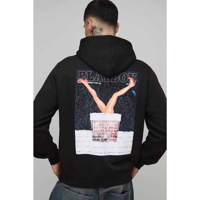 Tall Oversized Playboy Christmas License Printed Hoodie | Black | Size Small