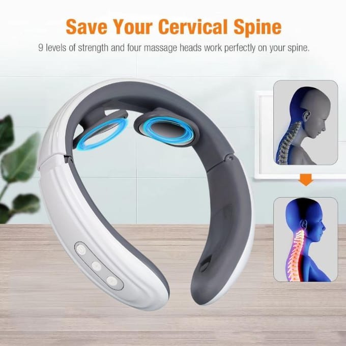 Elektrische Nek Schouder Puls Massager Kneden 2 Koppen TENS EMS Puls Verwarming Cervicale Wervel Ontspanning Pijnverlichting Massage Battery-Powered Version wit