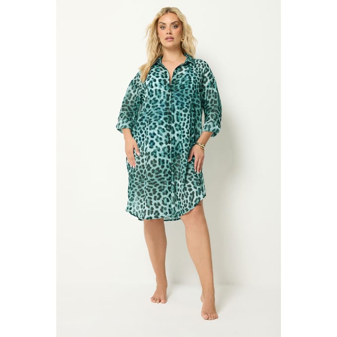 Yours Blauwe Coverup Top Met Luipaardprint Size 62-64