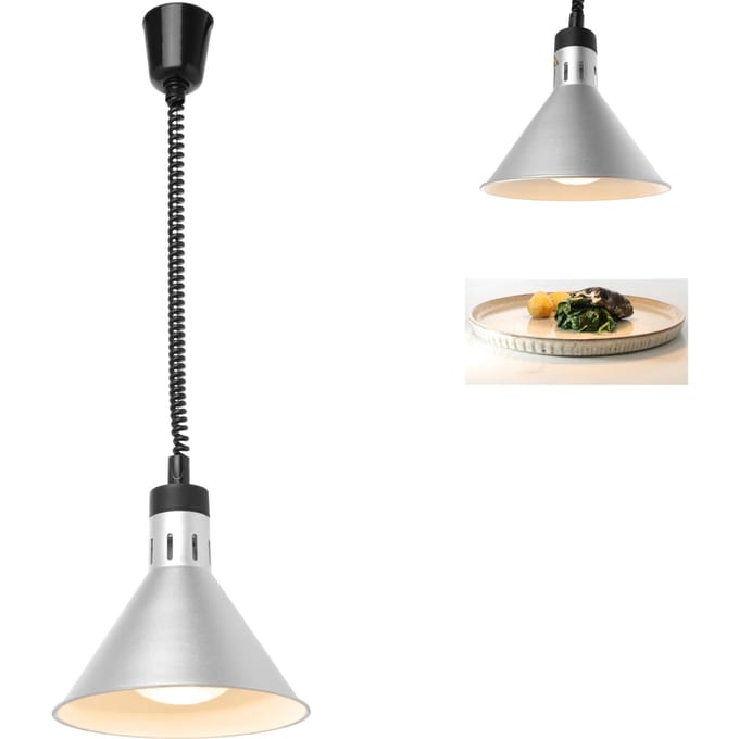 HENDI Verstelbare warmtelamp – conisch ontwerp – zilver – variabele snoerlengte 70-150 cm – 230V/250W