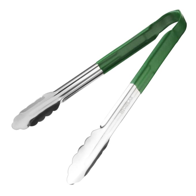 Hygiplas Serveertang / Vleestang - Kleurcode Groen - RVS - 30cm - Gladde vorm tegen bacteriën - horeca bbq tang