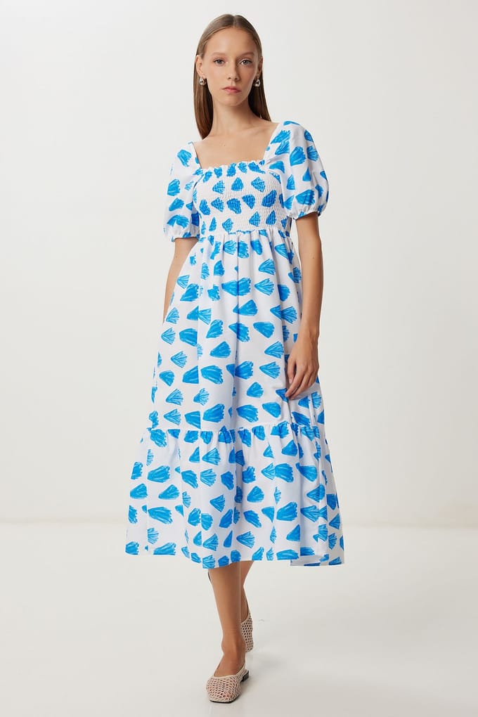 Franjeachtig Abstract Print A-Lijn Midi Jurk met Vierkante Kraag