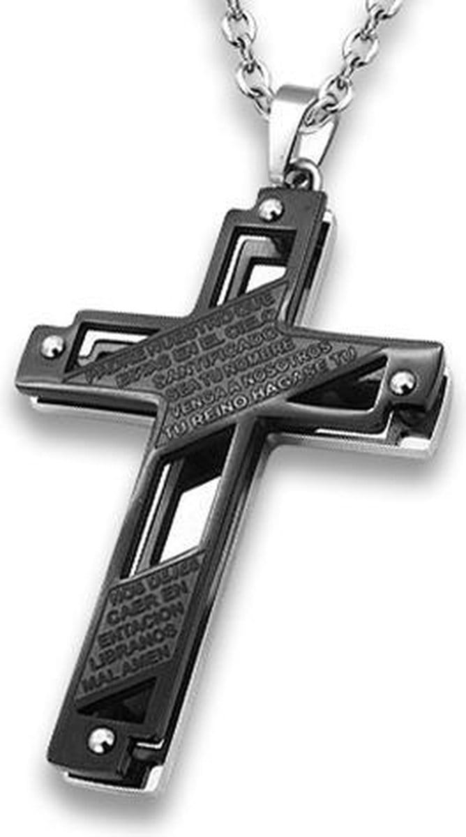 Amanto Ketting Andre Black - 316L Staal - Kruis - 55x36mm - 60cm