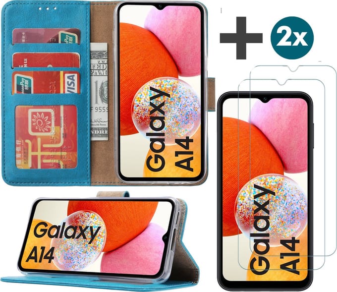 Samsung Galaxy A14 (5G/4G) hoesje - bookcase met pasjeshouder + 2x Screenprotector tempered glass - Turquoise