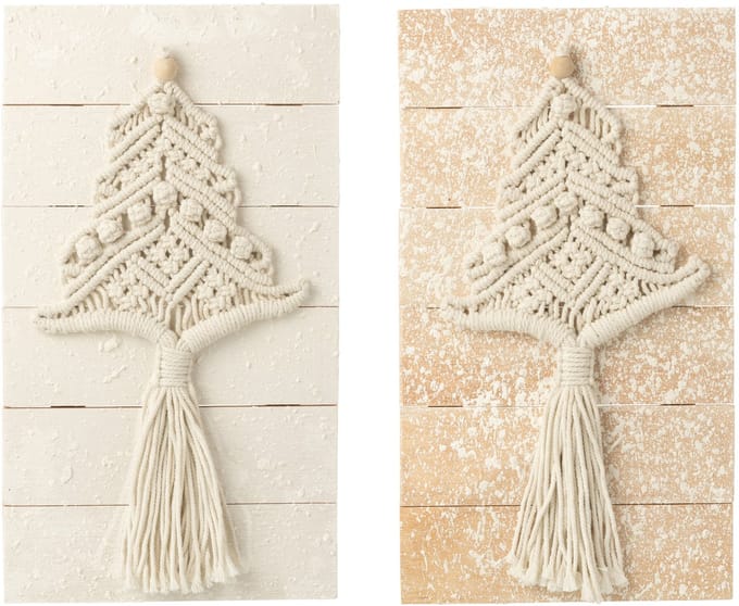 J-Line wanddecoratie Kerstboom - katoen - naturel/wit - 2 stuks