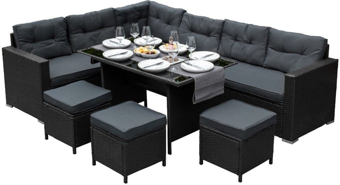 Rotan hoekset loungeset dining - zwart - 9 personen - uv-bestendig