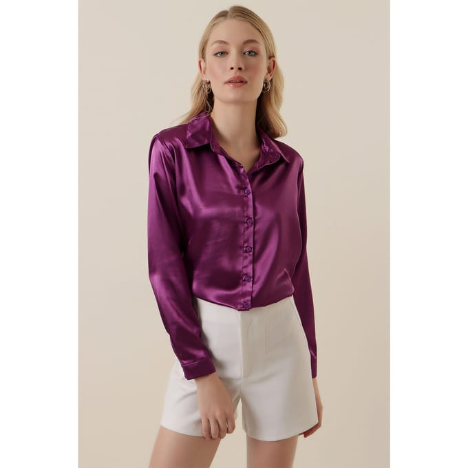 Satin Lange Mouwen Overhemd met Knoopsluiting