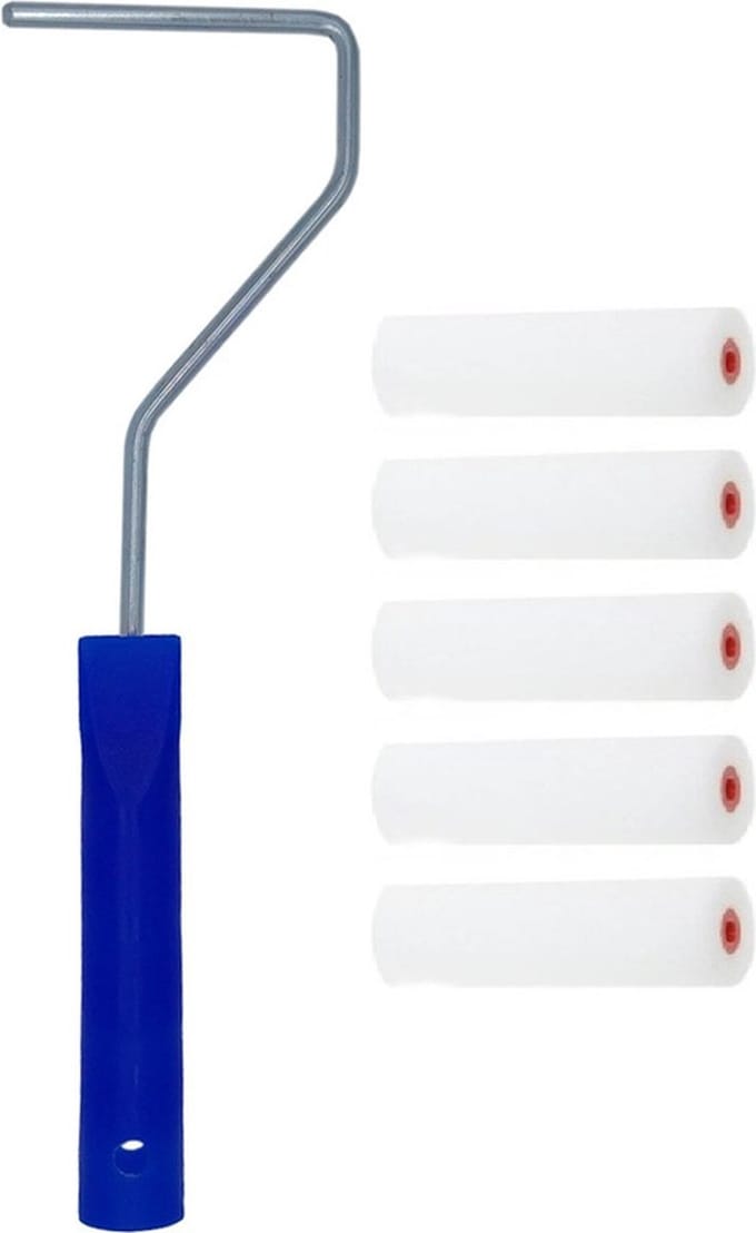 5x verfrollers / schuimrollers fijn inclusief rollerbeugel - 10 cm - geschikt voor diverse soorten verf - schilderbenodigdheden