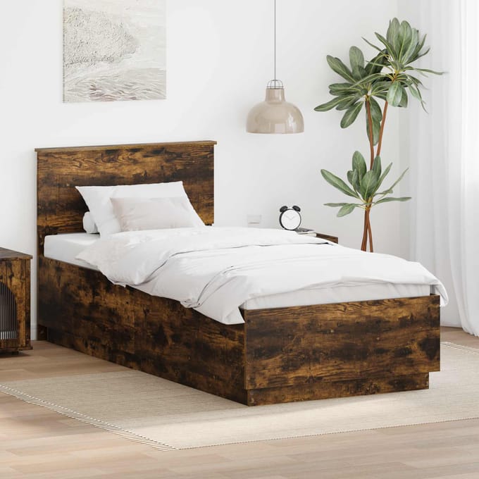 vidaXL - Bedframe - met - hoofdeinde - Gerookt - eiken - 90 - x - 200 - cm - Bewerkt - hout