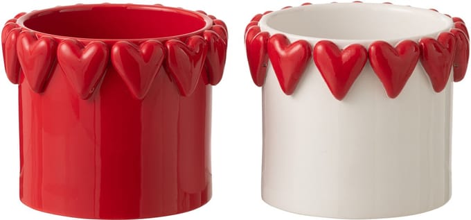 J-Line bloempot Harten - keramiek - wit/rood - large - set van 2