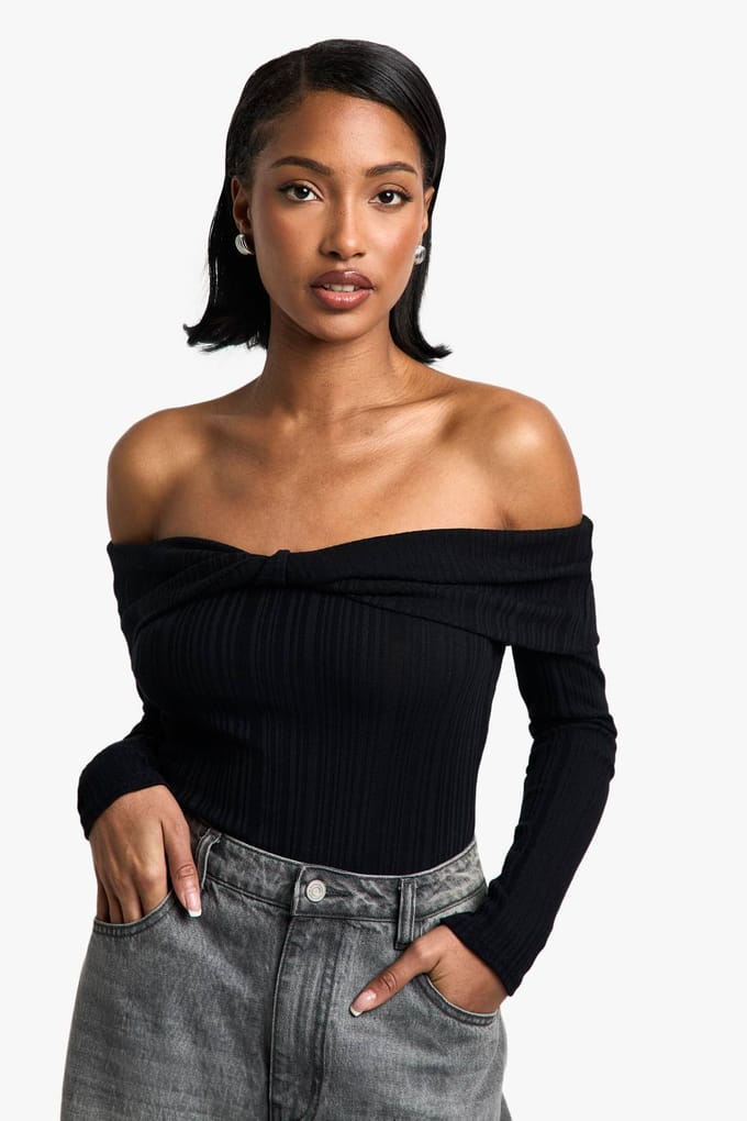 boohoo Dames Rib Bardot Twist Bodysuit | Zwart | Maat: 34