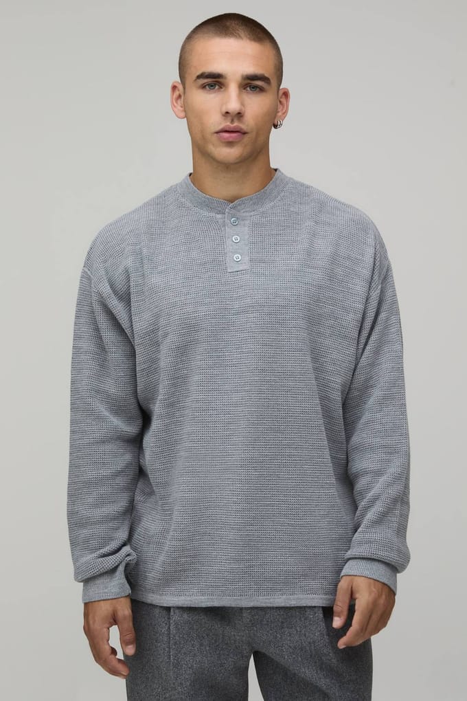 Essential Relaxed Fit Henley Waffle Knitted T-Shirt | Grey | Size Medium