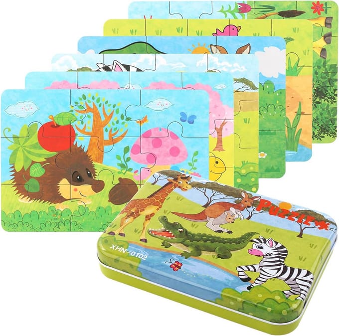 6 Pack Houten Kinderpuzzels voor Peuters - Dieren Puzzels 1-3 Jaar Verjaardagscadeau