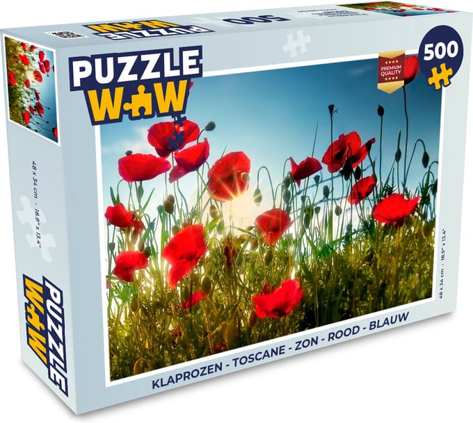 Puzzel Klaprozen - Toscane - Zon - Rood - Blauw - Legpuzzel - Puzzel 500 stukjes