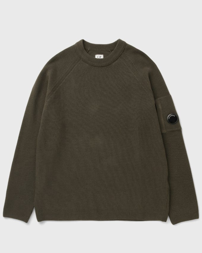 WAFFLE KNIT COTTON CREWNECK LENS SWEATER