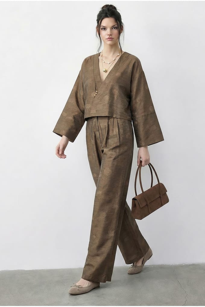 Bloemige V-hals Oversized Kimono en Wijde Pantalon Set
