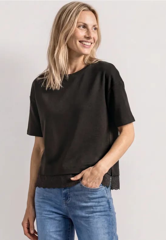 Shirt met ronde hals en kant aan de zoom