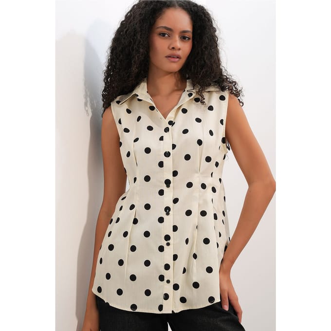 Getailleerde Mouwloze Gestippelde Poplin Blouse