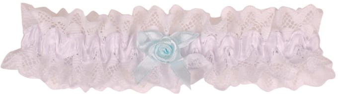 Kousenband Wit met Broderie & Lichtblauw Strikje met Roosje - 33cm Elastisch